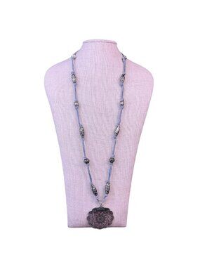 Silver Tone Womens Mandala Pendant Necklace With Knotted Cord & Beaded Detailing